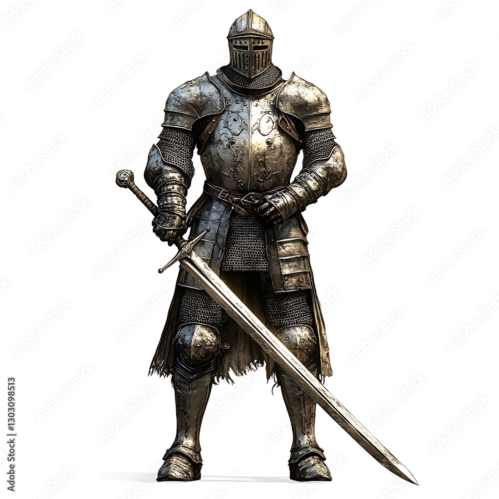 Ancient Knight Standing: A majestic knight, clad in gleaming metal armor, stands ready with his sword in hand. Ancient Knight Standing: A majestic knight, clad in gleaming metal armor, stands ready with his sword in hand.