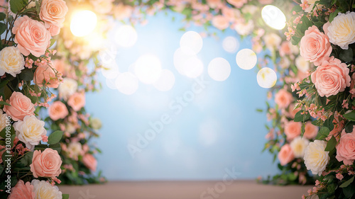beautiful photography backdrop featuring pink and white roses, surrounded by lush greenery. soft bokeh lights create dreamy atmosphere, perfect for events or portraits
