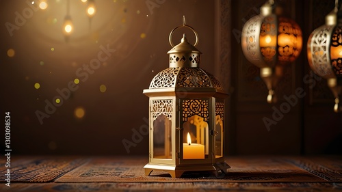 Elegant Eid Mubarak background with golden lanterns and Islamic patterns photo