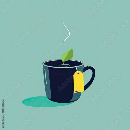 Flat Vector Illustration of Black Tea Cup with Green Tea Bag Tag, Hot Steam on Teal Background, Minimalistic Style, Icon Design or Logo, Simple Shapes, Lines, Flat Colors, High Contrast Shading