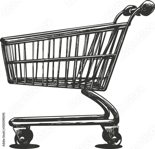 Black and white sketch of a shopping cart on white background.