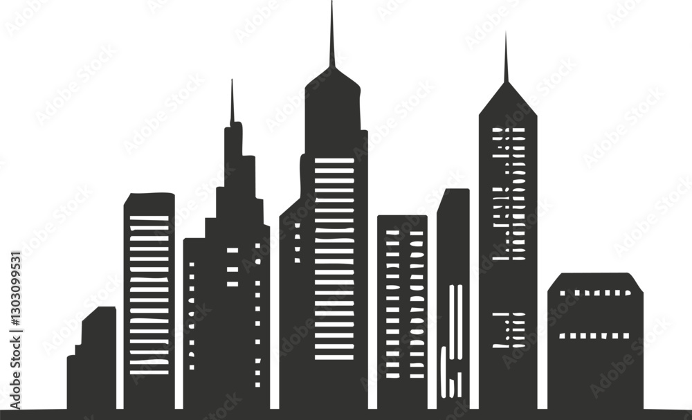 Fototapeta premium Black and white city skyline silhouette illustration.