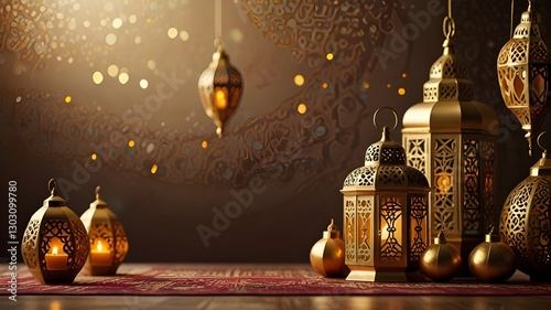 Elegant Eid Mubarak background with golden lanterns and Islamic patterns photo