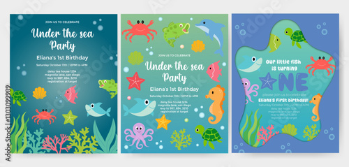 Set of birthday invitation card vector template. Sea birthday Party theme with fishes and other elements.