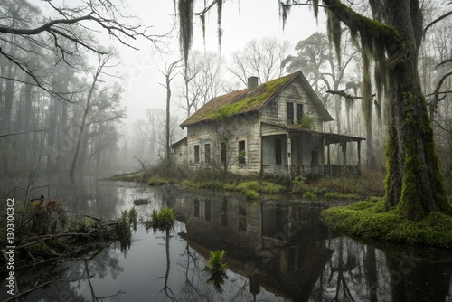 decrepit, moss-covered house nestled in heart of a murky swamp exudes an otherworldly aura, with its crumbling walls, ghostly reflections dancing on still water, and an overwhelming sense of bygone ta