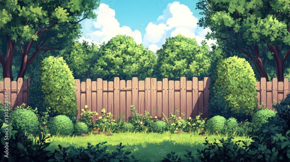 Fototapeta premium Sunny backyard with wooden fence, lush green bushes, and grass.