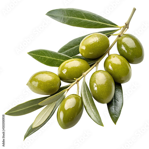 Fresh Green Olives on a Branch with Leaves Isolated on White photo