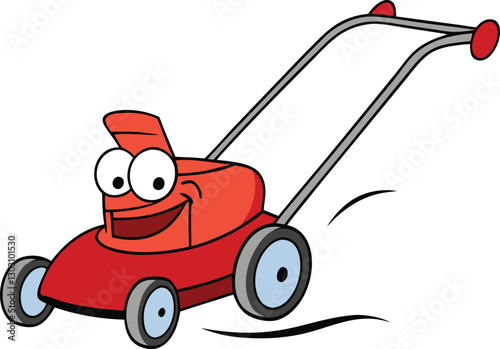 A playful cartoon of a runaway lawnmower, zipping across the yard with its wheels spinning wildly. The scene is full of motion and humor, adding a lighthearted, fun twist to lawn care.
