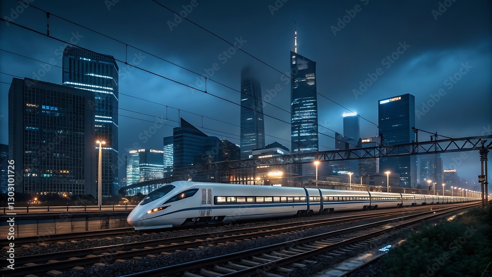 Fototapeta premium Sleek High-Speed Train at Night Against Shanghai Skyline Modern Transportation Design