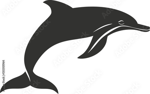 Silhouette of a jumping dolphin in black and white illustration.