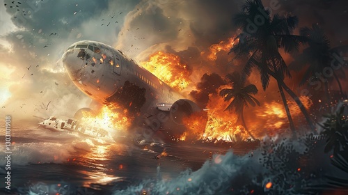 A burning airplane crashes into the ocean with flames and debris