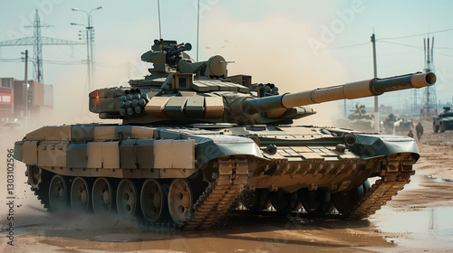 A modern military tank equipped with a long barrel cannon and advanced armor navigating through a dusty urban environment