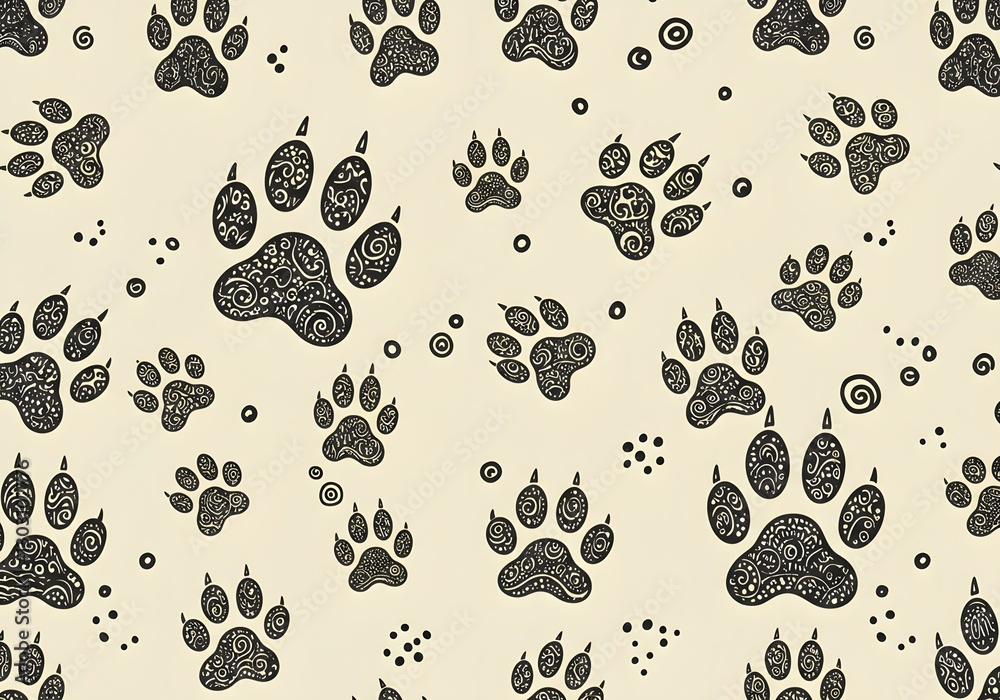 Fototapeta premium seamless pattern design of puppy paw prints, Trace black doodle paw prints seamless pattern background.