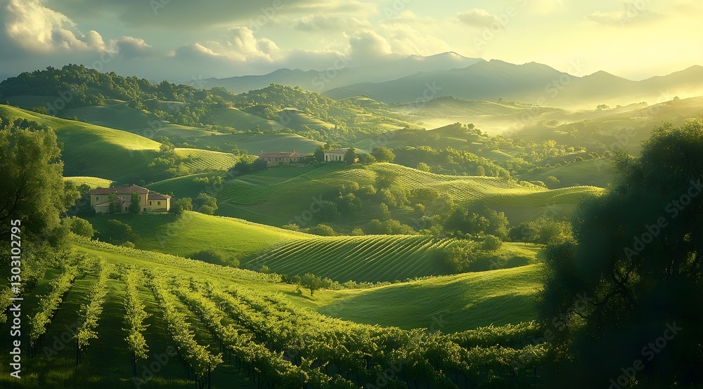 Obraz premium Panoramic View of Light and Shadow Dancing Across Rolling Hills of Vineyards
