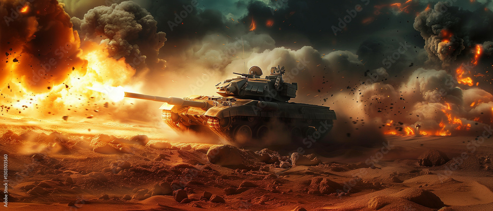 An epic scene depicting a modern battle tank charging through a fiery desert landscape, amidst explosions and clouds of smoke An epic scene depicting a modern battle tank charging through a fiery desert landscape, amidst explosions and clouds of smoke