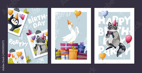 Set of birthday greeting cards featuring animals, gifts, and air balloons, with a colorful cute penguin, goose, and raccoon, vector illustration on a dark background