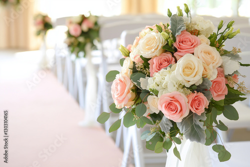Elegant wedding ceremony decor featuring beautiful bouquet of pink and white roses, surrounded by white chairs. soft colors create romantic atmosphere for special day