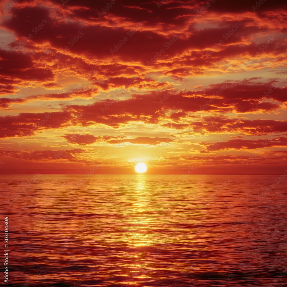 Obraz premium Fiery sunset casting vivid orange hues across the ocean and dramatic cloudscape.