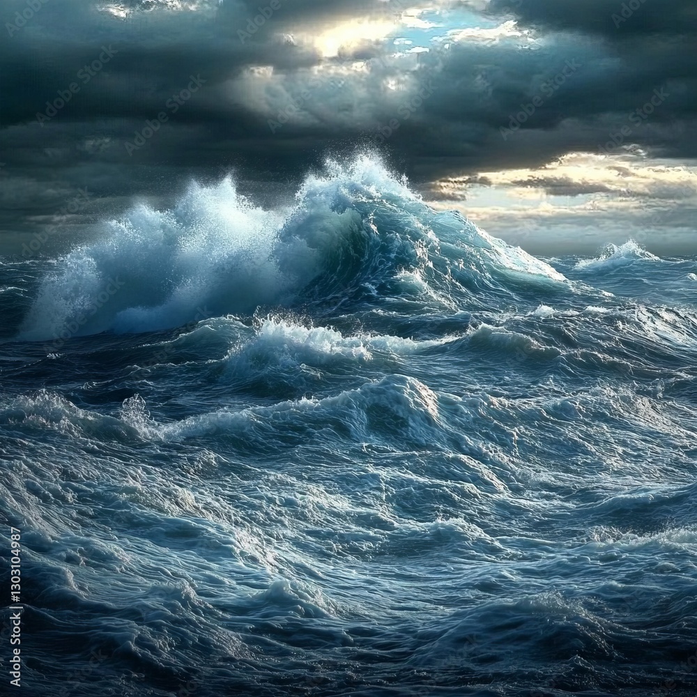 Fototapeta premium Turbulent sea under a dark sky, waves crashing, showcasing the ocean's power.
