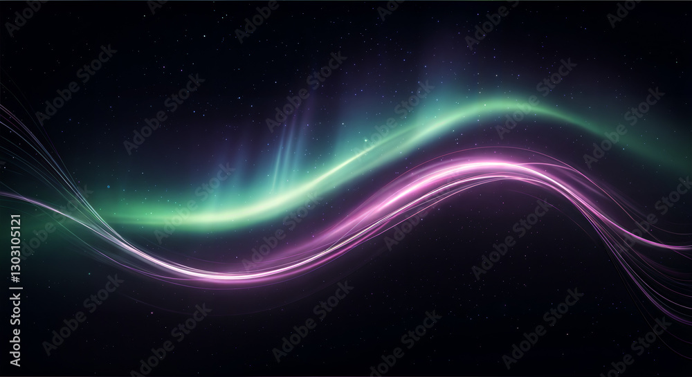 Obraz premium Experience the mesmerizing beauty of vibrant auroras dancing across the night sky, with flowing waves of light in hues of green, blue, and purple.