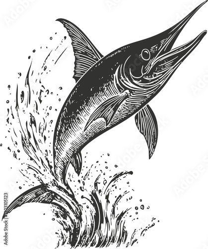 Detailed black and white illustration of a jumping swordfish.