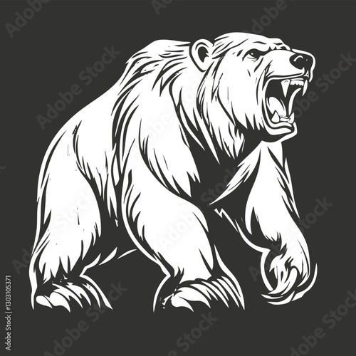 Black and white illustration of a roaring bear, showcasing ferocity and power.