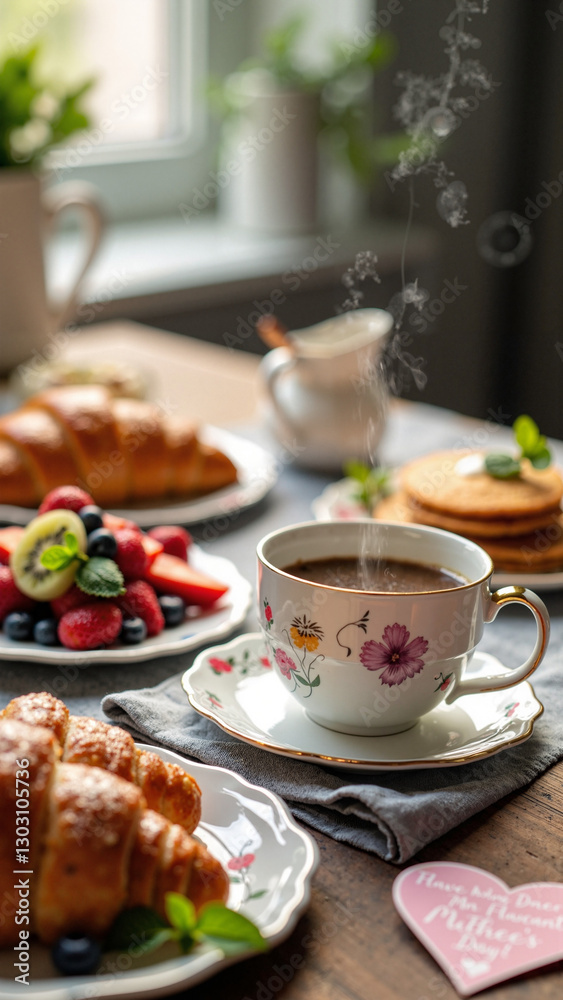Luxurious Mother's Day Breakfast Spread with Pastries, Pancakes and Fresh Fruit - Perfect for Restaurant Promotions or Greeting Cards Luxurious Mother's Day Breakfast Spread with Pastries, Pancakes and Fresh Fruit - Perfect for Restaurant Promotions or Greeting Cards