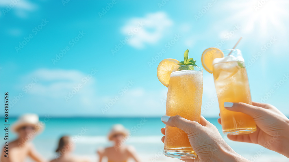 Obraz premium Cheers to sunny beach day with refreshing drinks in hand, surrounded by friends enjoying warm weather and beautiful ocean view