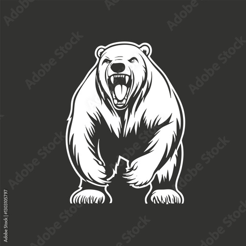 Black and white illustration of a roaring polar bear in a fierce stance.