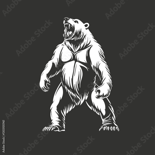 Illustration of a roaring polar bear in black and white.