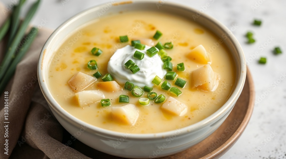 Leek and Potato Soup with Sour Cream and Green Onions in a Minimalist Setting Leek and Potato Soup with Sour Cream and Green Onions in a Minimalist Setting