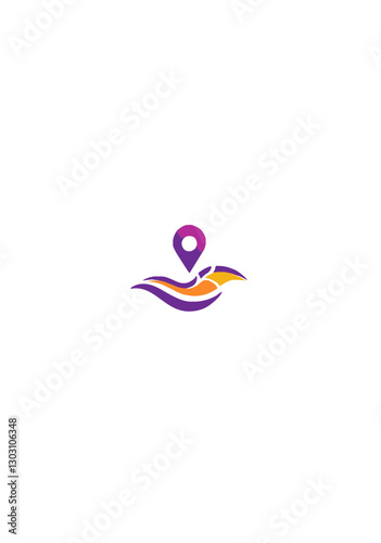 Modern Travel and Navigation Logo with a Purple Location Pin and Abstract Hand Holding a Landscape