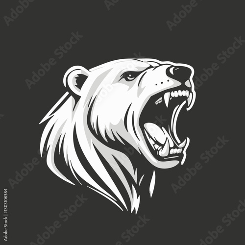 Fierce polar bear head illustration on dark background.