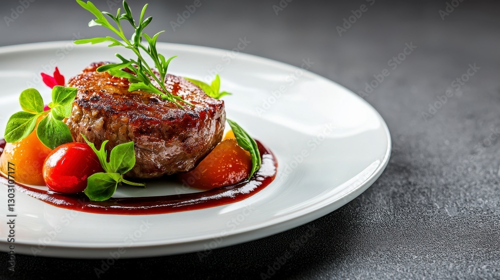 Grilled Meat Dish with Red Sauce and Cherry Tomatoes Grilled Meat Dish with Red Sauce and Cherry Tomatoes