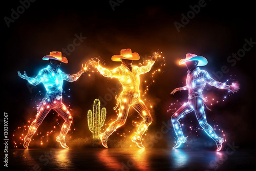 Three neon light cowboys dancing in vibrant colors against dark background, surrounded by glowing cactus. scene captures lively and energetic atmosphere photo