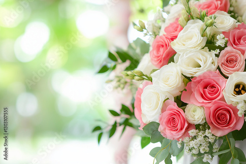 Beautiful bouquet of white and pink roses with greenery, perfect for wedding or special occasion, creating romantic and elegant atmosphere
