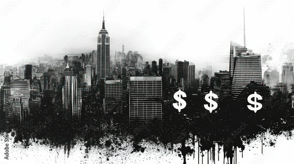 Obraz premium Urban skyline, monochrome, financial district, dollar signs.