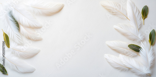 Soft white feathers and green leaves create serene, dreamy background. delicate textures evoke sense of calm and tranquility, perfect for various design projects
