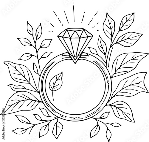 wedding ring illustration and elegant diamond stone wedding flowers silhouette sketch