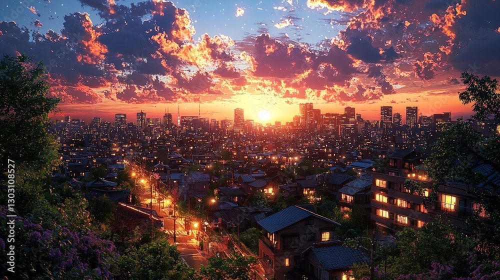 Fototapeta premium Vibrant sunset over cityscape with illuminated houses and buildings.