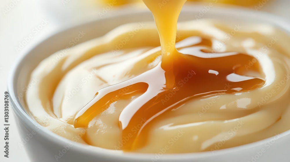 4K high-definition close-up of a bowl of vanilla pudding with a caramel drizzle, smooth and creamy texture, soft lighting, white backdrop. 4K high-definition close-up of a bowl of vanilla pudding with a caramel drizzle, smooth and creamy texture, soft lighting, white backdrop.