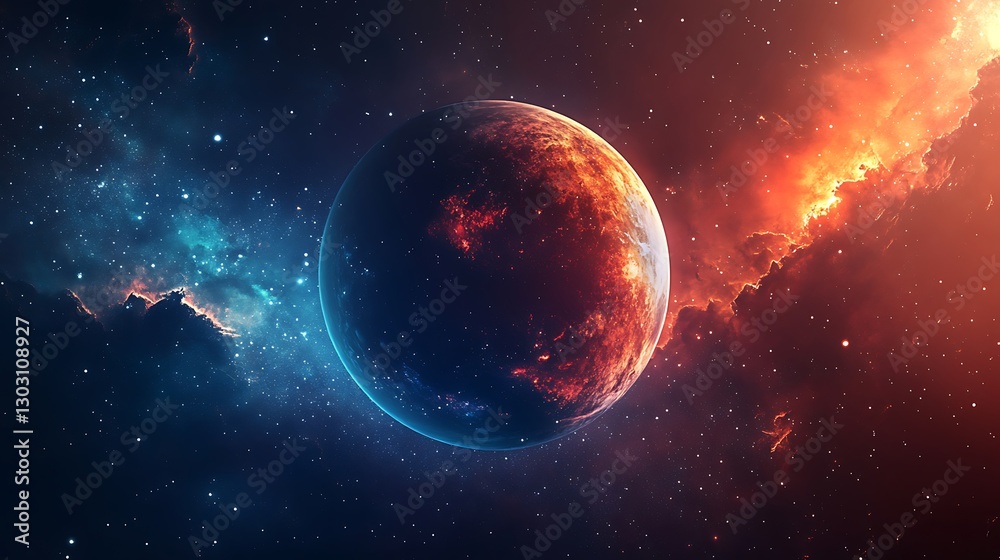 Fototapeta premium Fiery Exoplanet in Cosmic Nebula: A Breathtaking Celestial Encounter