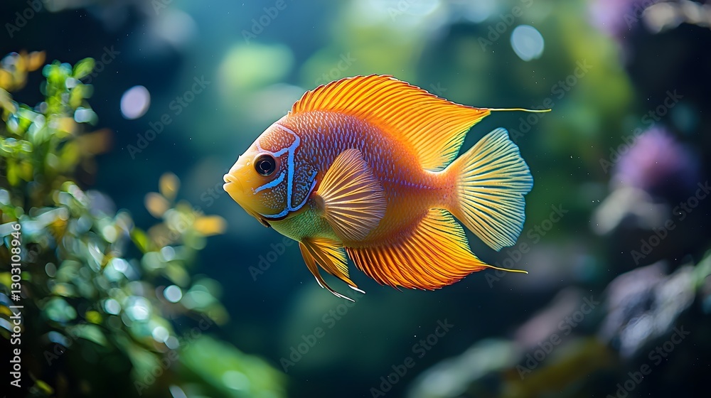 Glowing Discus Fish Surrounded by Lush Underwater Vegetation in Vibrant Orange and Purple Tones Glowing Discus Fish Surrounded by Lush Underwater Vegetation in Vibrant Orange and Purple Tones