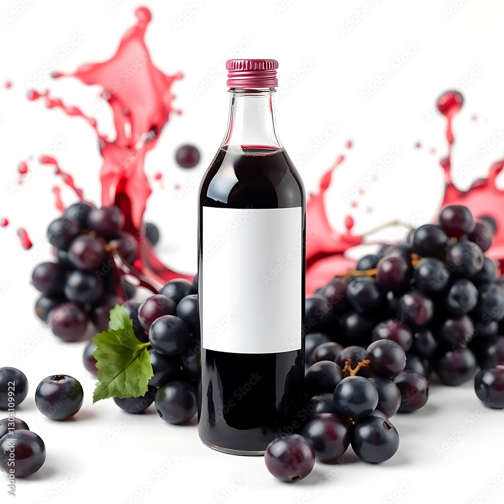 Obraz premium Dark Grape Juice Bottle with Blank Label Surrounded by Fresh Dark Grapes and Juice Splashes for a Vibrant Mockup