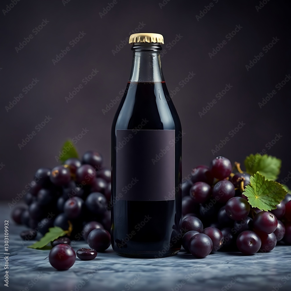 Obraz premium Dark Grape Juice Bottle with Blank Label Surrounded by Fresh Dark Grapes and Juice Splashes for a Vibrant Mockup