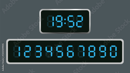 Digital Clock Numbers – Blue Retro Calculator Symbols, LCD Monitor Characters, and Scoreboard Digits