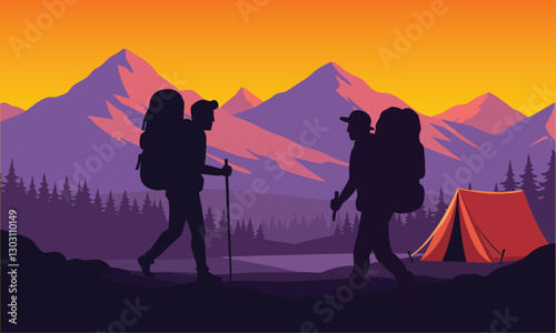 Travel concept of discovering, exploring, observing nature. Hiking. Adventure tourism. Vector illustration