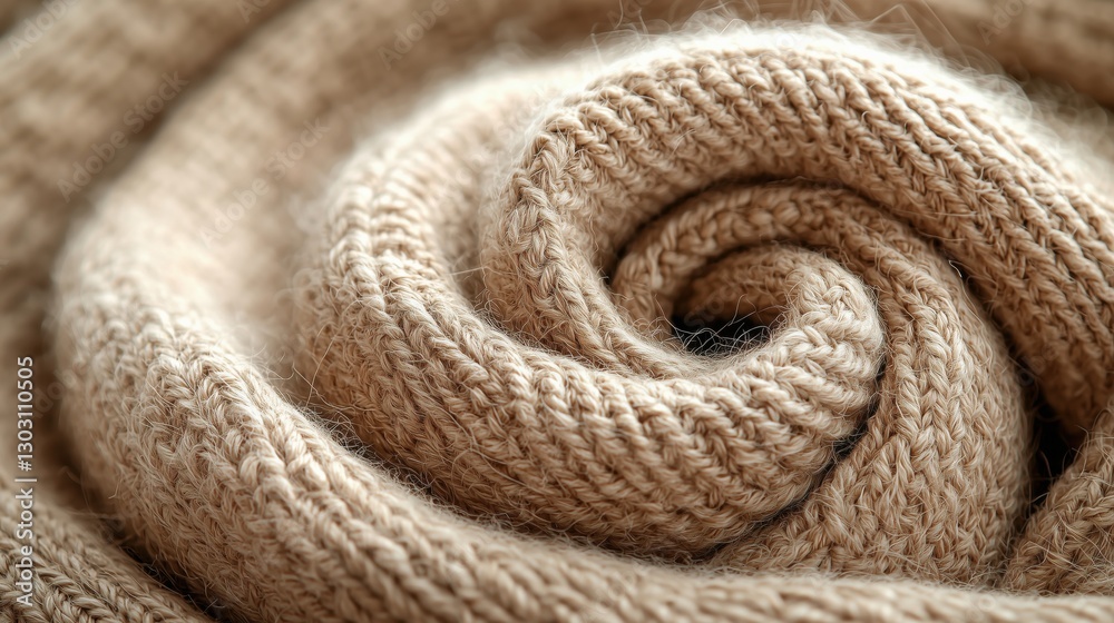 Textured beige wool blanket rolled in a spiral, showcasing intricate knit patterns and softness Textured beige wool blanket rolled in a spiral, showcasing intricate knit patterns and softness