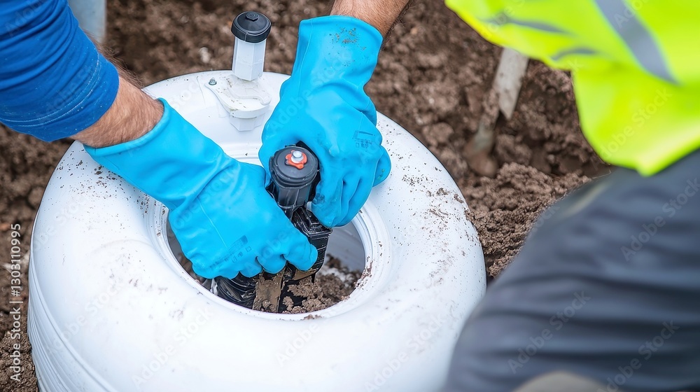Septic System Technician Installing Tanks, enhancing wastewater management infrastructure in a rural community, promoting environmental health and sanitation standards Septic System Technician Installing Tanks, enhancing wastewater management infrastructure in a rural community, promoting environmental health and sanitation standards