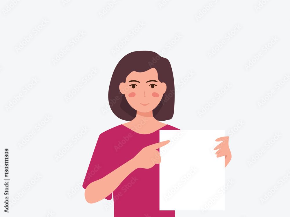 portrait of young woman holding empty white paper sheet or showing blank sign poster over isolated background. vector and illustration. portrait of young woman holding empty white paper sheet or showing blank sign poster over isolated background. vector and illustration.